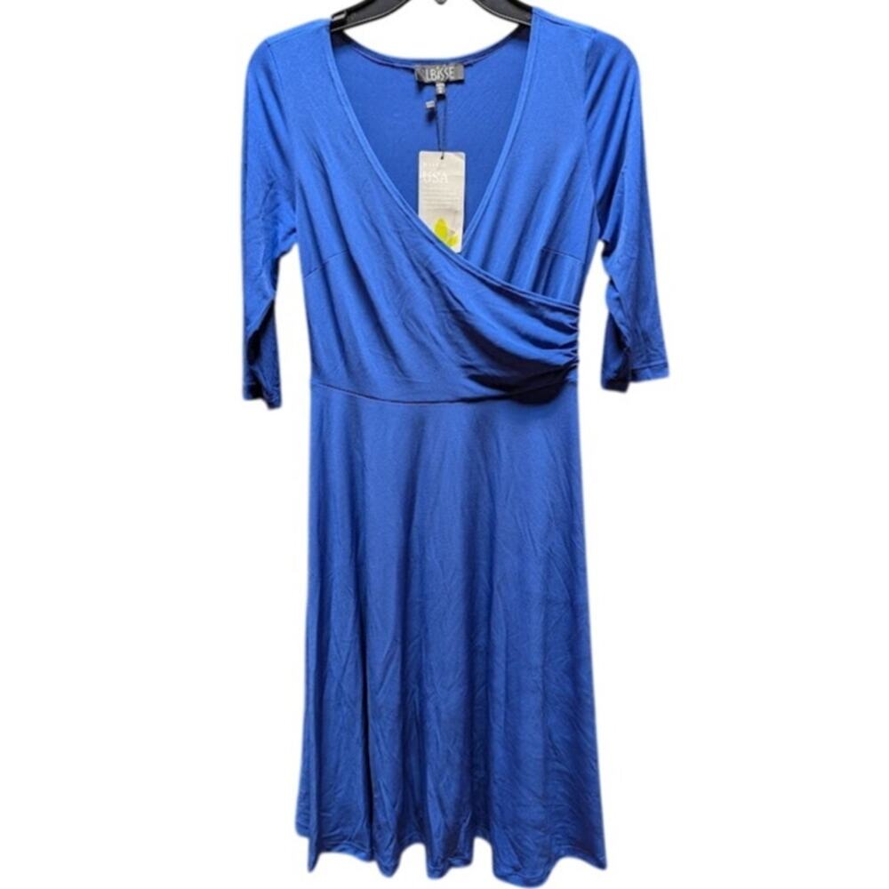 LBISSE Size Medium Dress Blue 3/4 Sleeve Faux wrap fit flare MODEST stretchy NEW